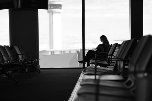 Traveller in an airport lounge