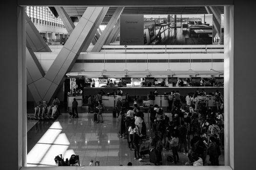 Travellers at an airport lounge